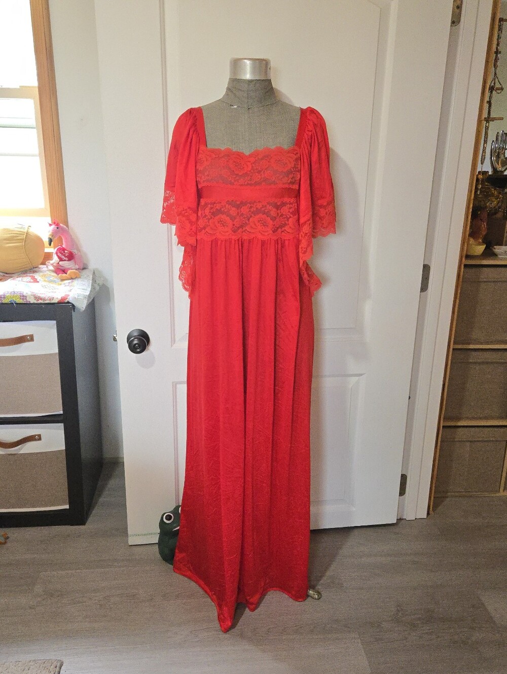 Vintage Deena Red Lace Nylon Nightgown, SIZE Large